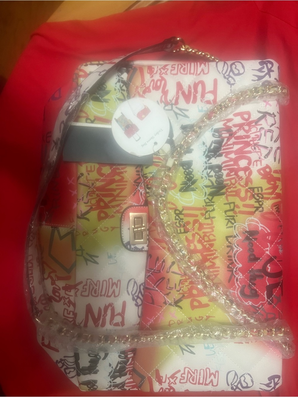 Graffiti-Print Shoulder Bag in White, Red & Yellow